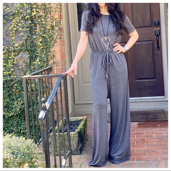 CHARCOAL FABULOUS WIDE LEG SIDE POCKETS JUMPSUIT - Picture 2 of 6